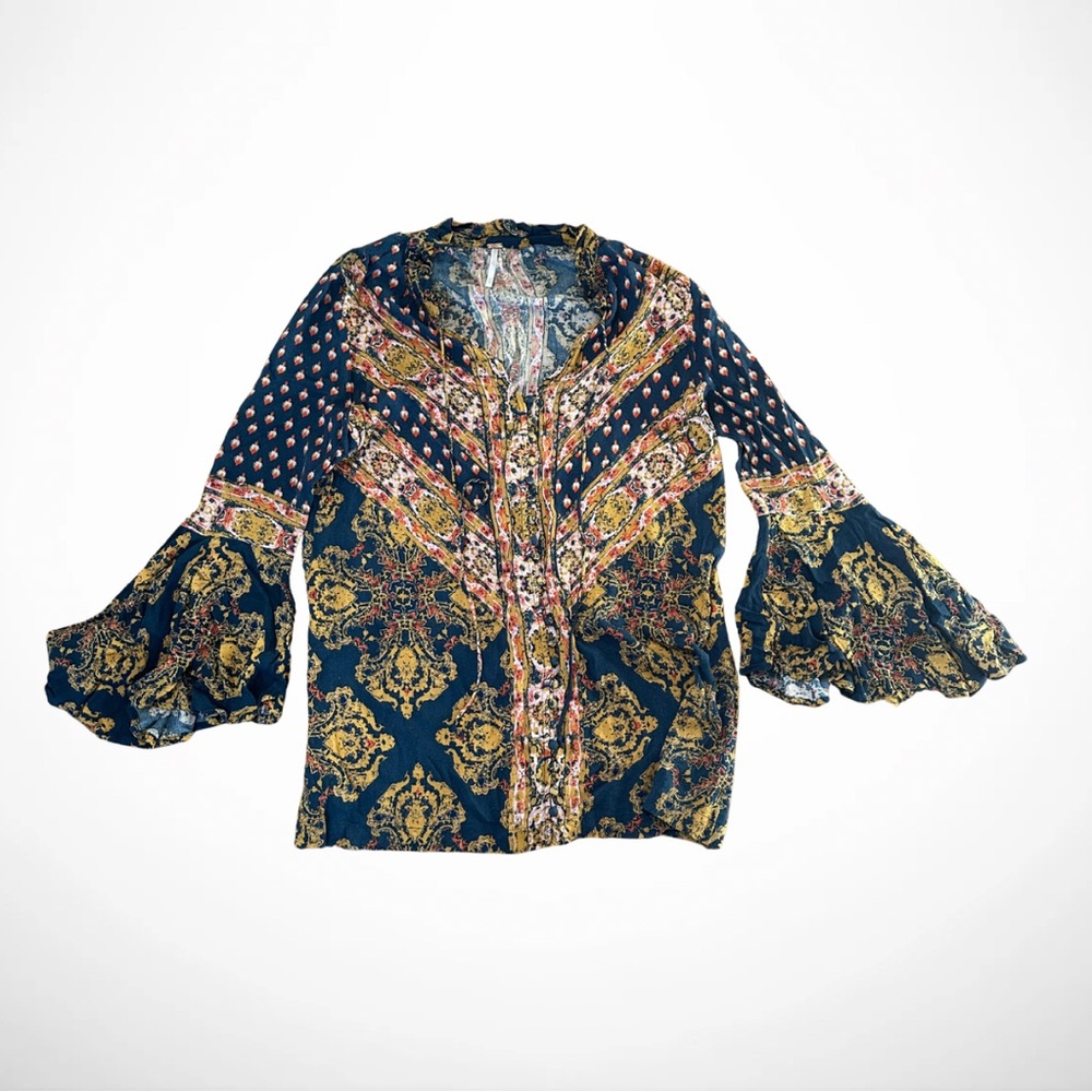 Free People Navy and Gold Boho Blouse